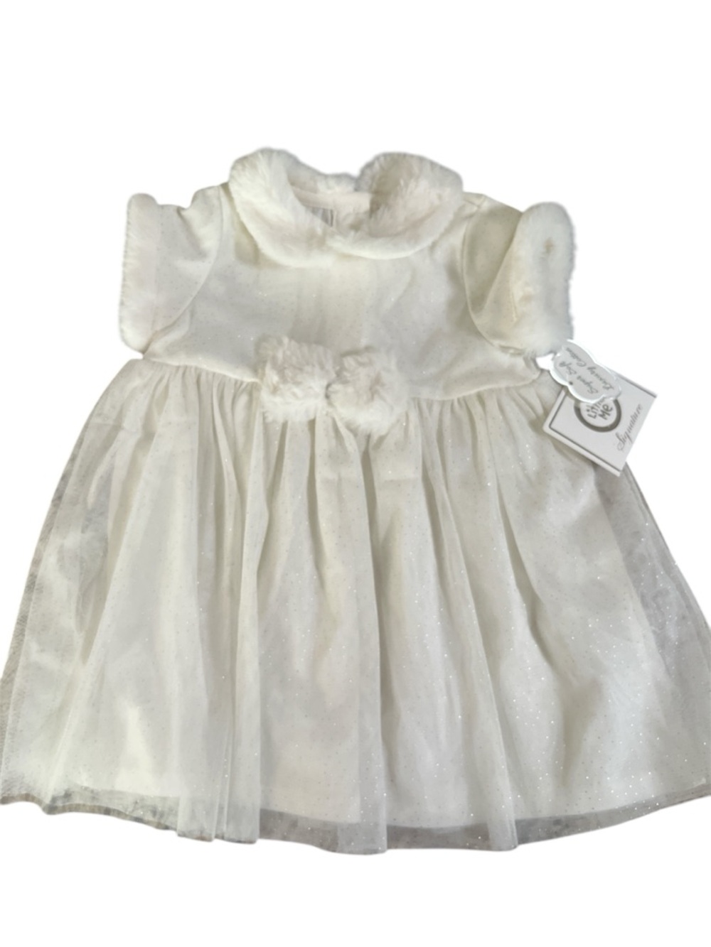 White Sparkle Tulle Baby Dress with Faux Fur Trim with matching headband